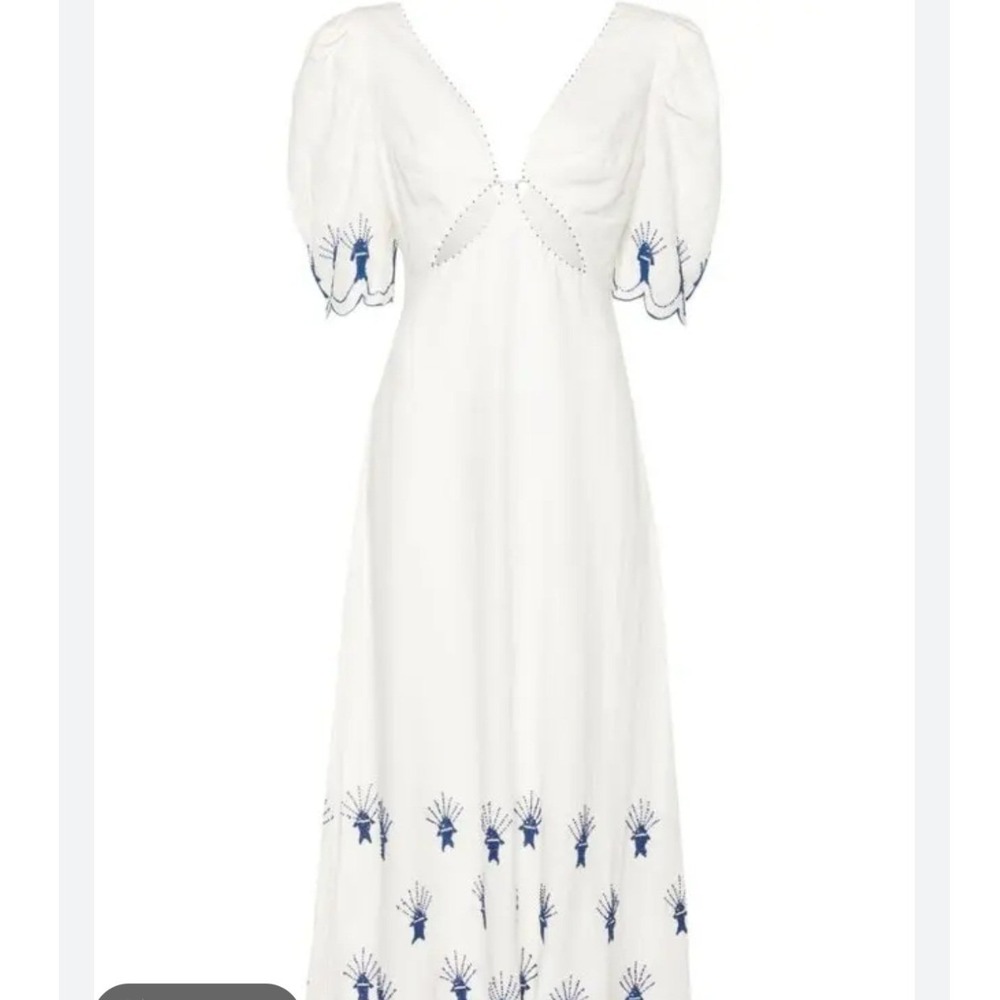 FARM Rio Sea of Fish Ankle Dress NWOT SZ Small Off-White Blue Embroidered Cutout - Picture 2 of 14